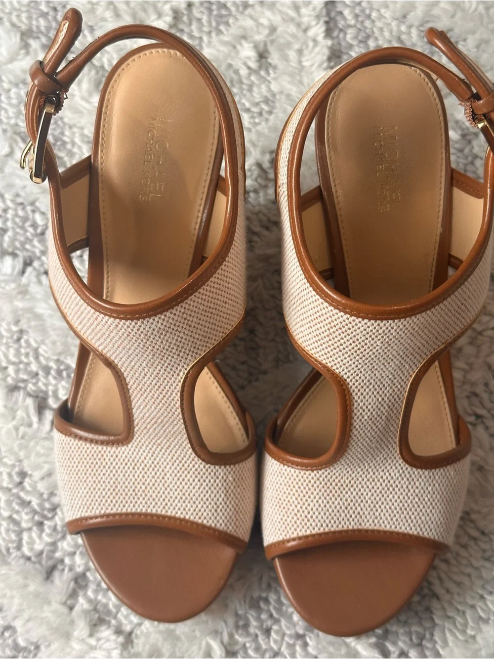 Michael Kors Gillian Wedge Euro Summer Sandals with Cream and Brown Leather Trim
